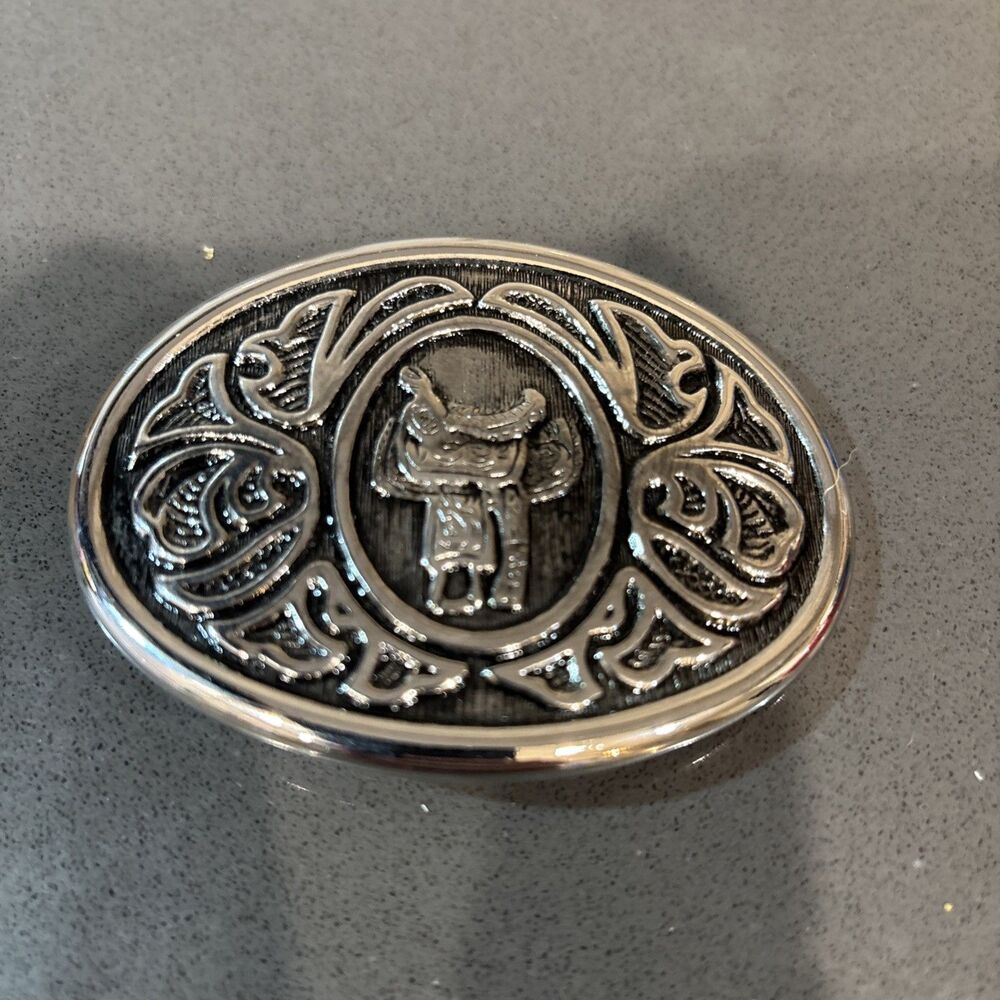 Vintage AVON Metal Silvertone Saddle Engraved Belt Buckle Western